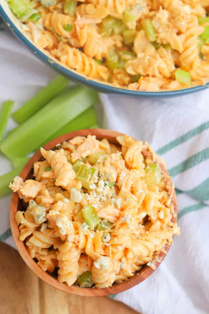 Top view of Buffalo Chicken Pasta Salad in bowl