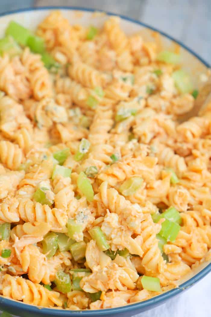 Buffalo Chicken Pasta Salad in a large blue bowl