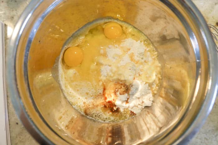 ingredients in a mixing bowl for Cake Mix Cookie Bars