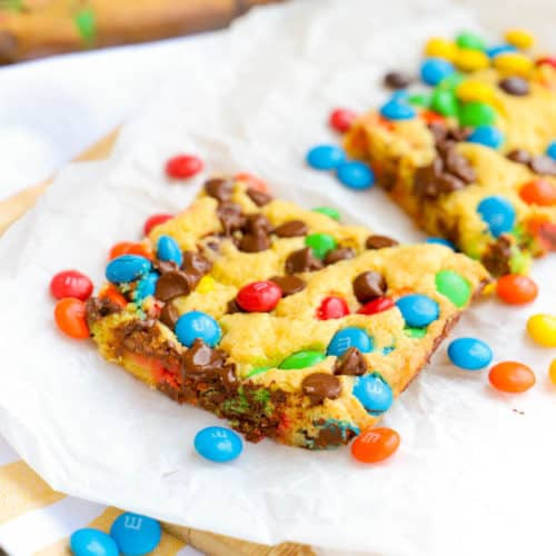 Cake Mix Cookie Bars on a cutting board