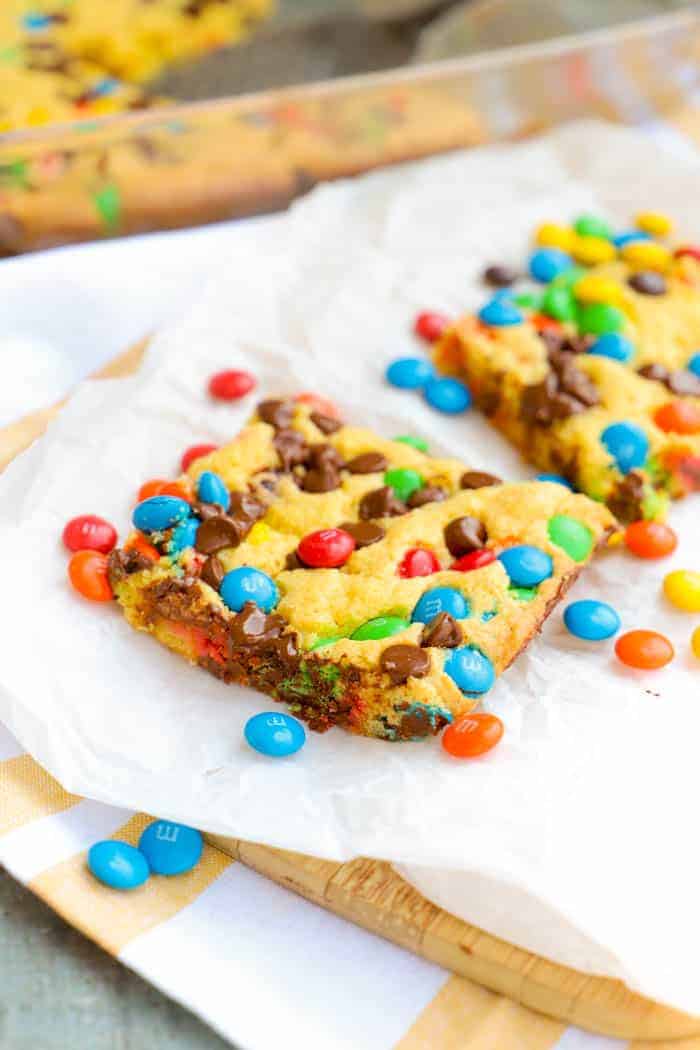 Cake Mix Cookie Bars on a cutting board 