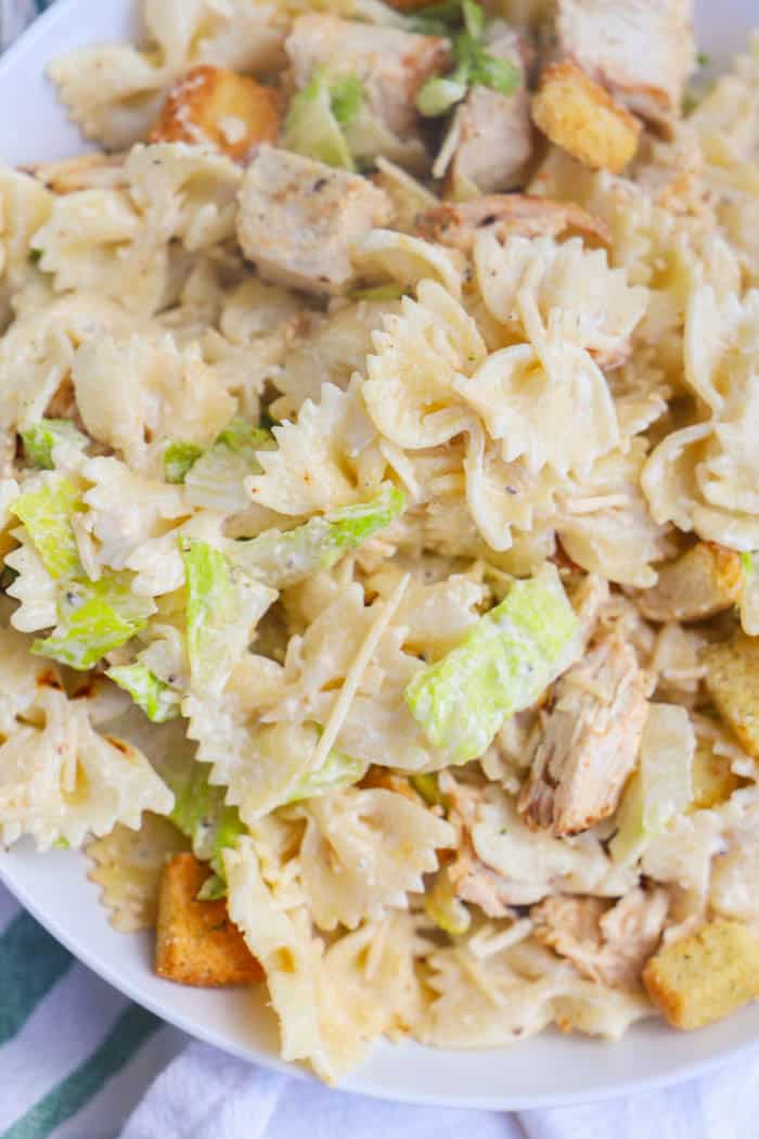 Close up picture of Chicken Caesar Pasta Salad