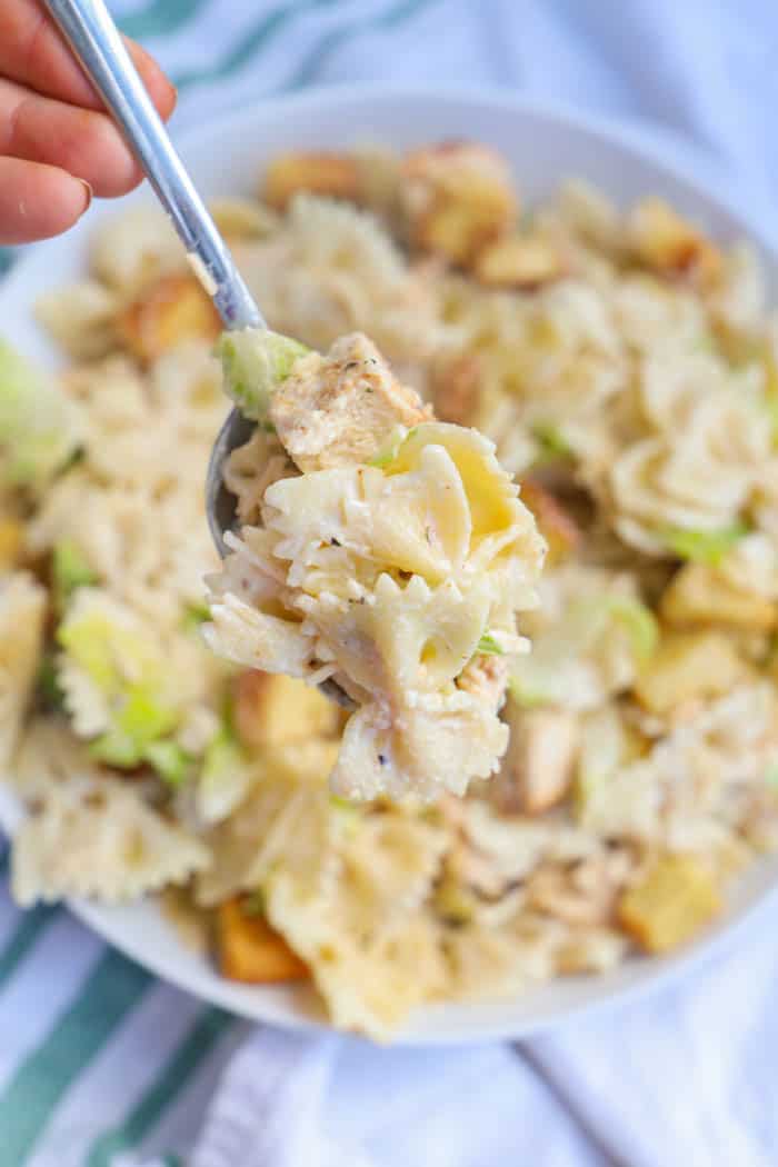 Chicken Caesar Pasta Salad in a spoon