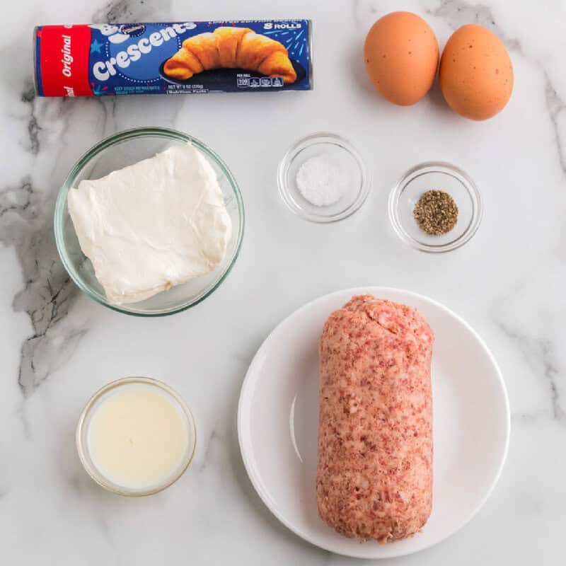 Cream Cheese Sausage Casserole ingredients placed on a countertop