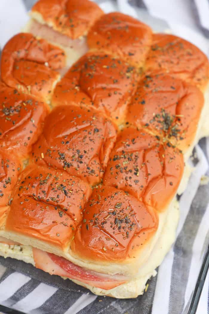 Easy Italian Sliders in a casserole dish