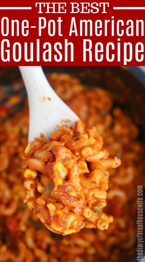 One Pot American Goulash on a wooden spoon