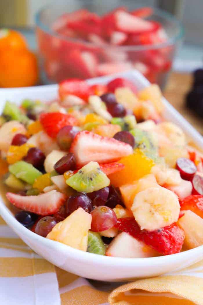 fruit salad in a white bowl