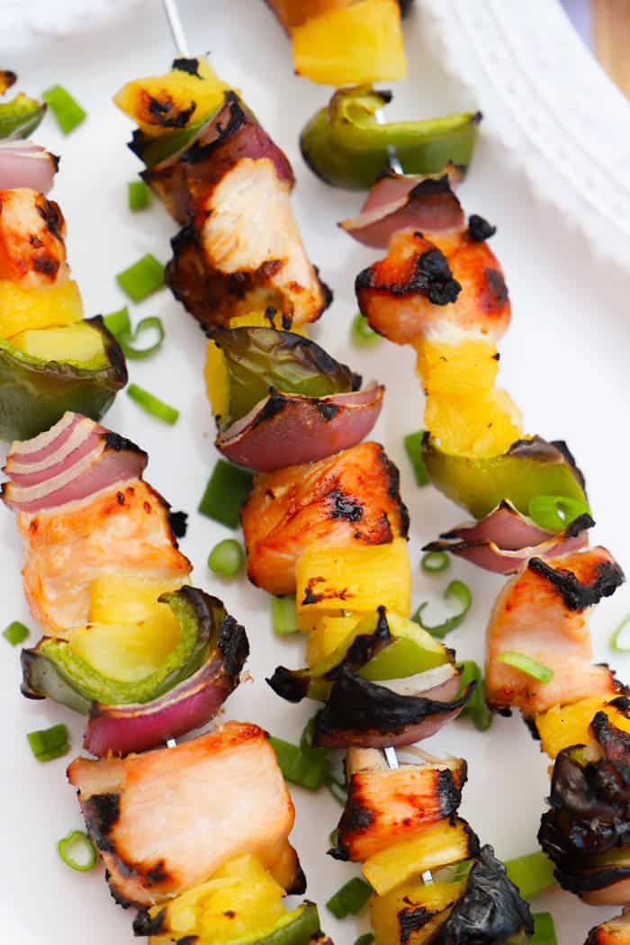 Hawaiian Chicken Kabobs on a white platter