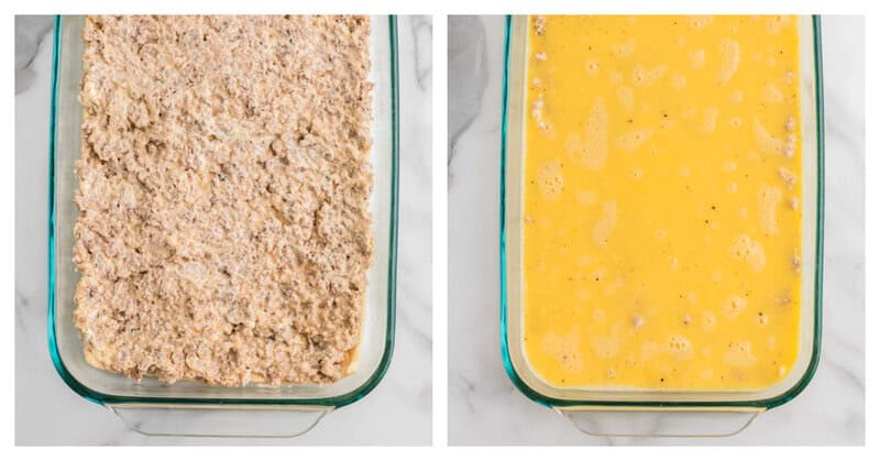 adding creamy sausage and eggs to casserole dish