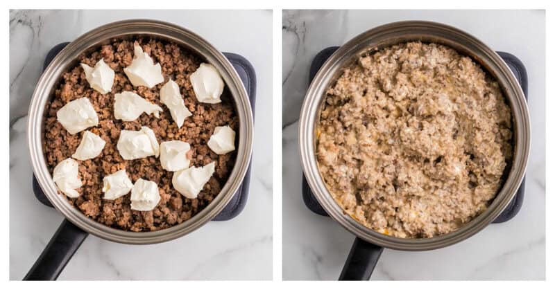 adding sausage and cream cheese to a pot to cook and crumble