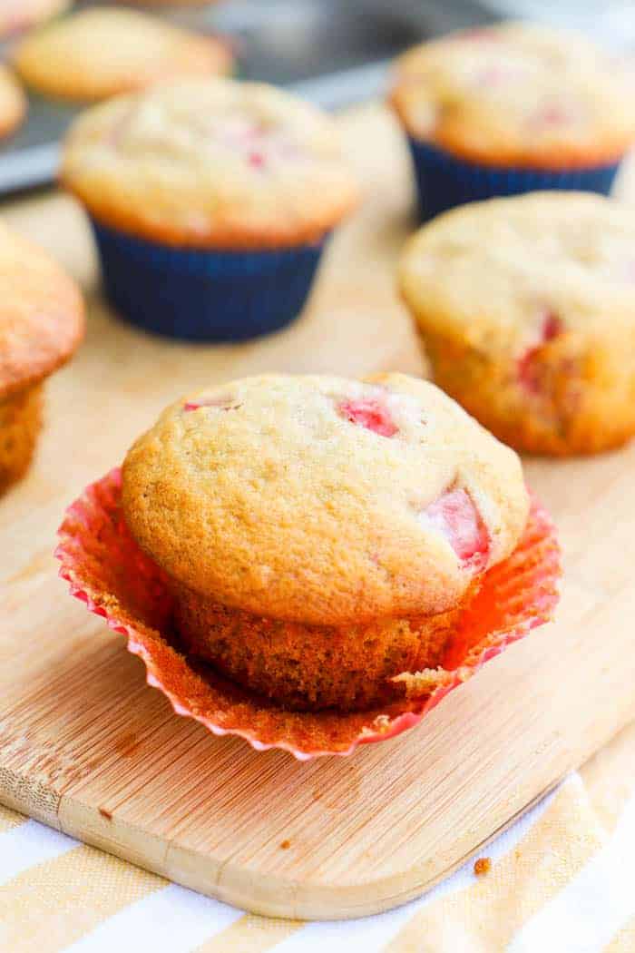 Strawberry Banana Muffins in a red wrapper