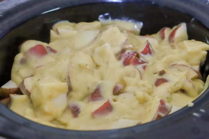 Slow Cooker Creamy Ranch Chicken and Vegetables in the slow cooke with sauce