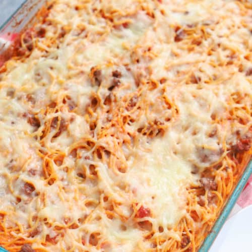 Easy Baked Spaghetti in a casserole dish