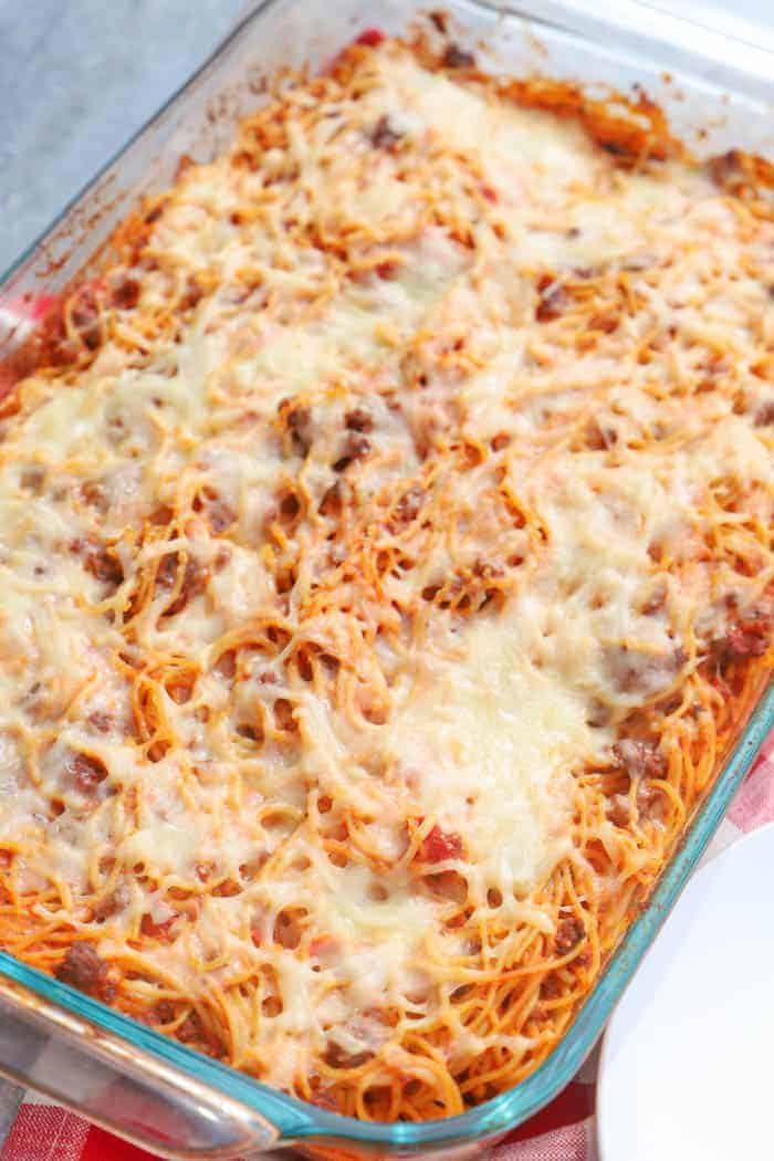 Easy Baked Spaghetti in a casserole dish