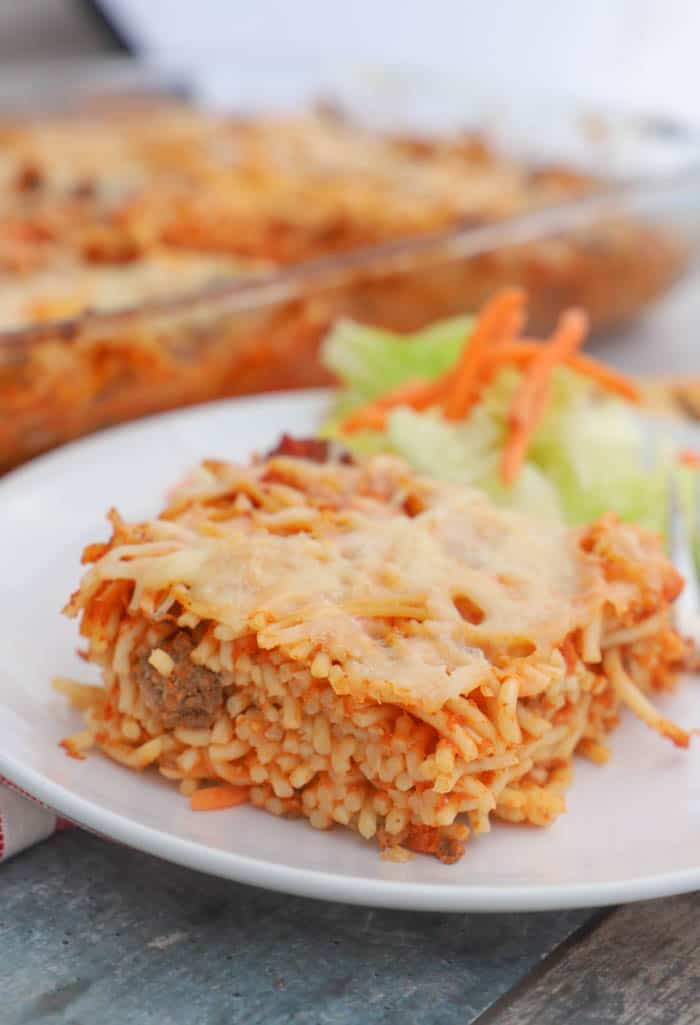 slice of Easy Baked Spaghetti on a white plate