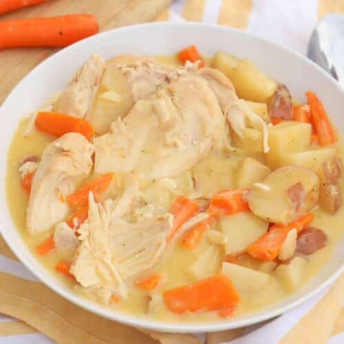 Slow Cooker Creamy Ranch Chicken and Vegetables in a white bowl