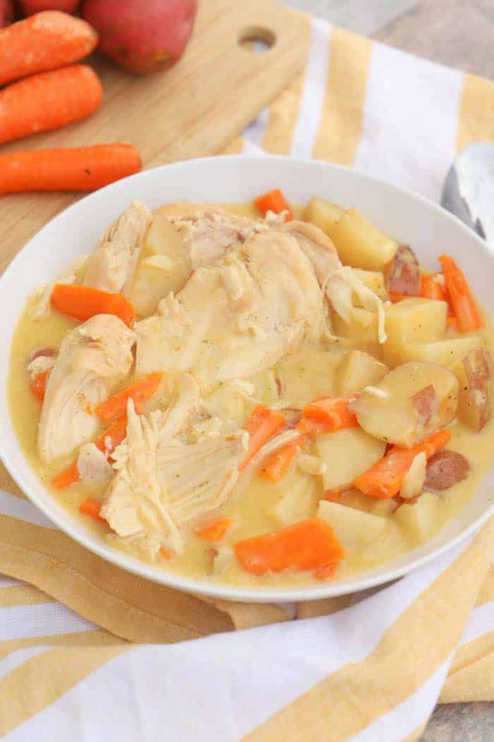 Slow Cooker Creamy Ranch Chicken and Vegetables in a white bowl