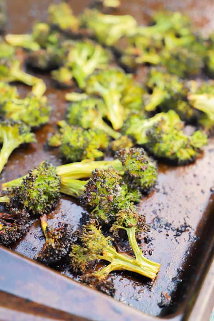 Lemon Garlic Roasted Broccoli on a baking sheet