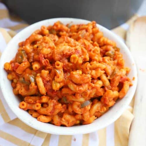 One Pot American Goulash in a white bowl on a table