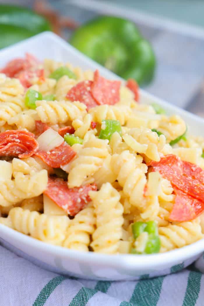 Pizza Pasta Salad in a white serving bowl