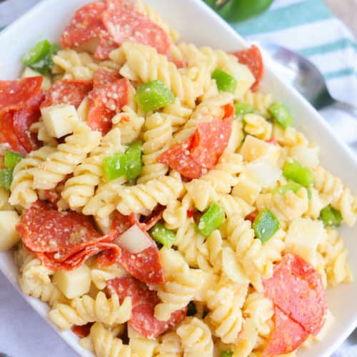 top down view of Pizza Pasta Salad in a bowl