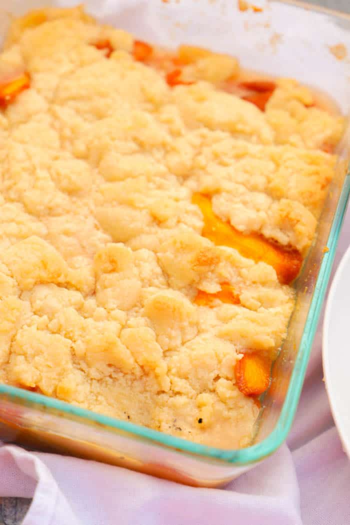 Peach Cobbler in a casserole dish