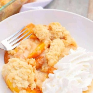 Peach Cobbler in a white bowl