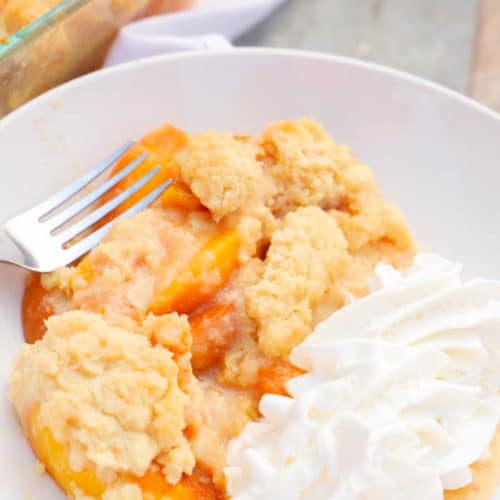 Peach Cobbler in a white bowl