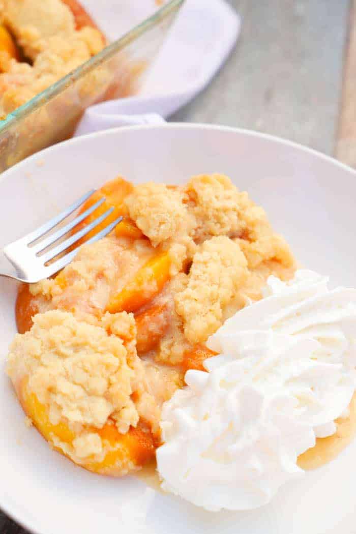 Peach Cobbler in a white bowl