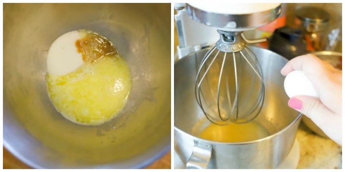 collage of mixing eggs in mixer