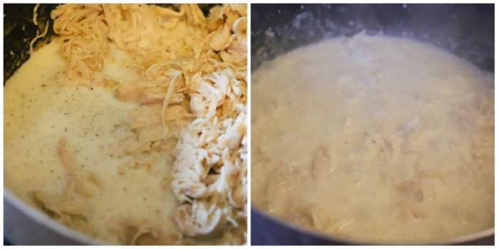 adding chicken to a large pot