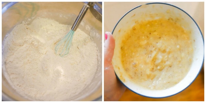 collage of mixed flour and mashed banana 