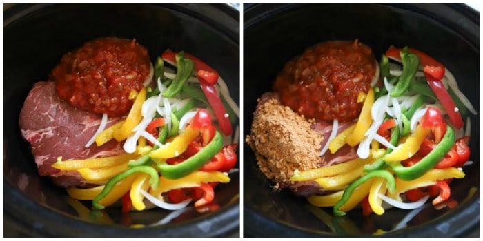 salsa and seasoning added to the slow cooker