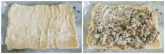 collage picture of cresent rolls and sausage in casserole dish