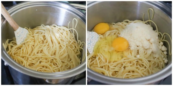 spaghetti with egg and cheese being mixed in.