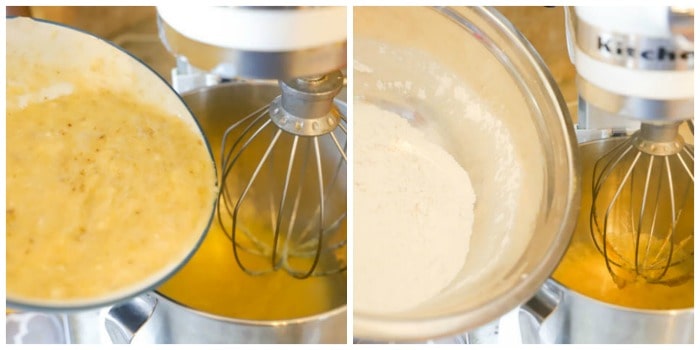 add mashed bananas and flour into the mixer