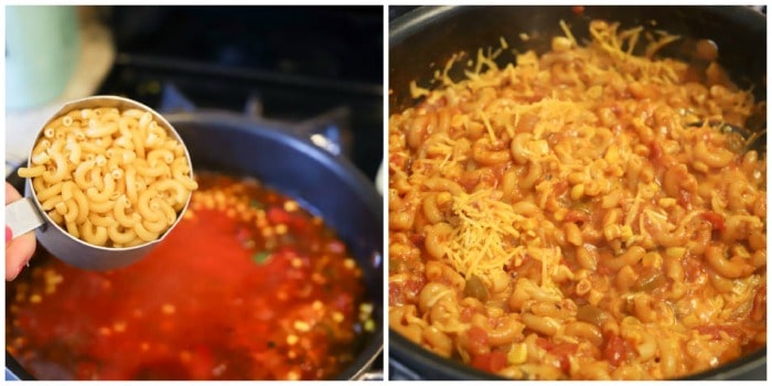 adding pasta to the One Pot American Goulash