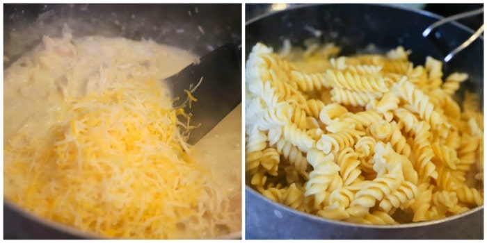 adding cheese and pasta to the pot