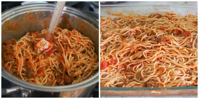 spaghetti with sauce and meat mixed in