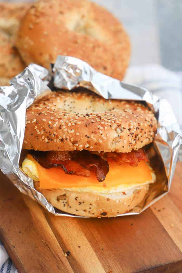 Freezer Bagel Breakfast Sandwiches wrapped in foil 