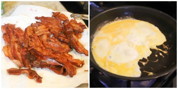 collage of making bagels with cooked bacon and eggs cooking