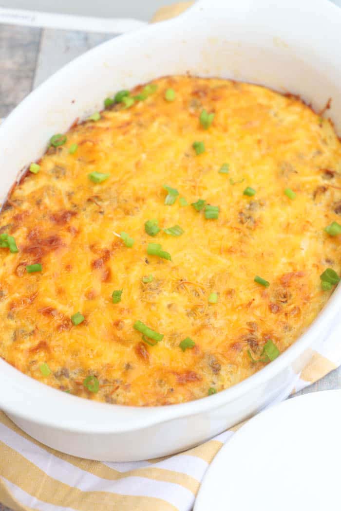 Cheesy Potato Breakfast Casserole in a white casserole dish