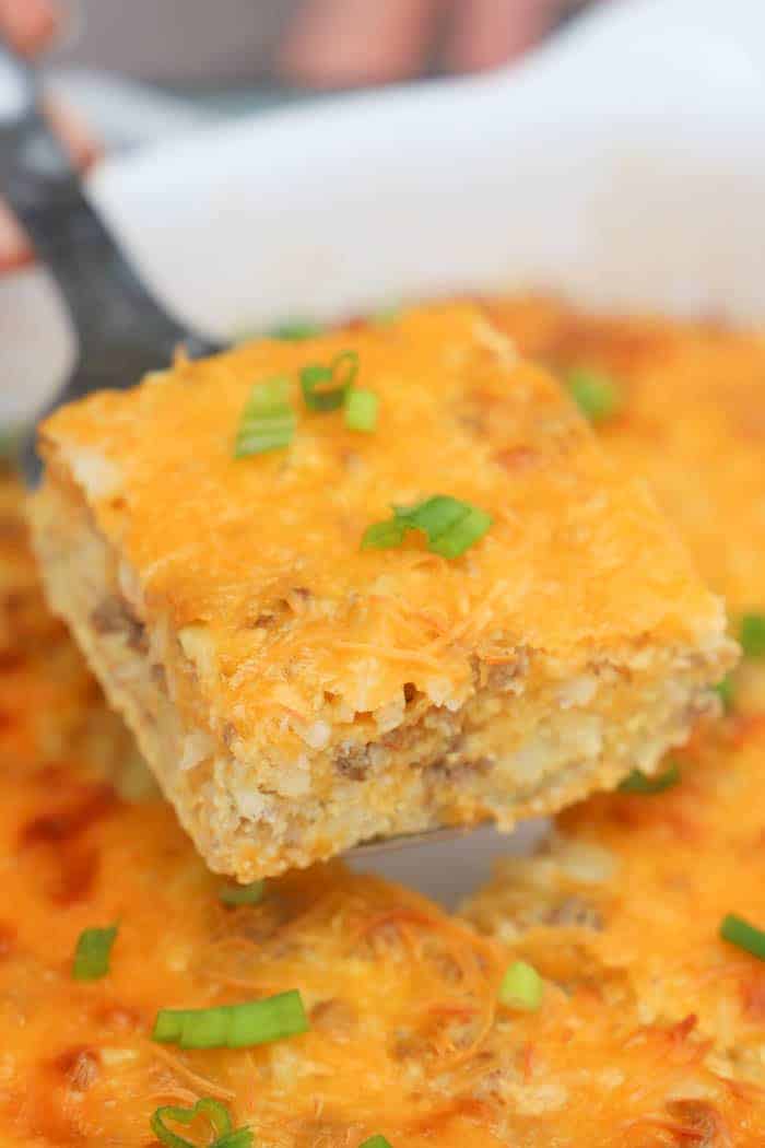 Cheesy Potato Breakfast Casserole on a spatula