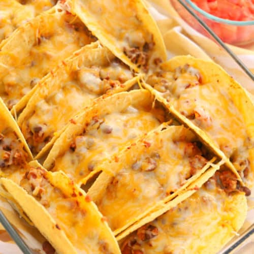 Oven Baked Beef Tacos in a casserole dish