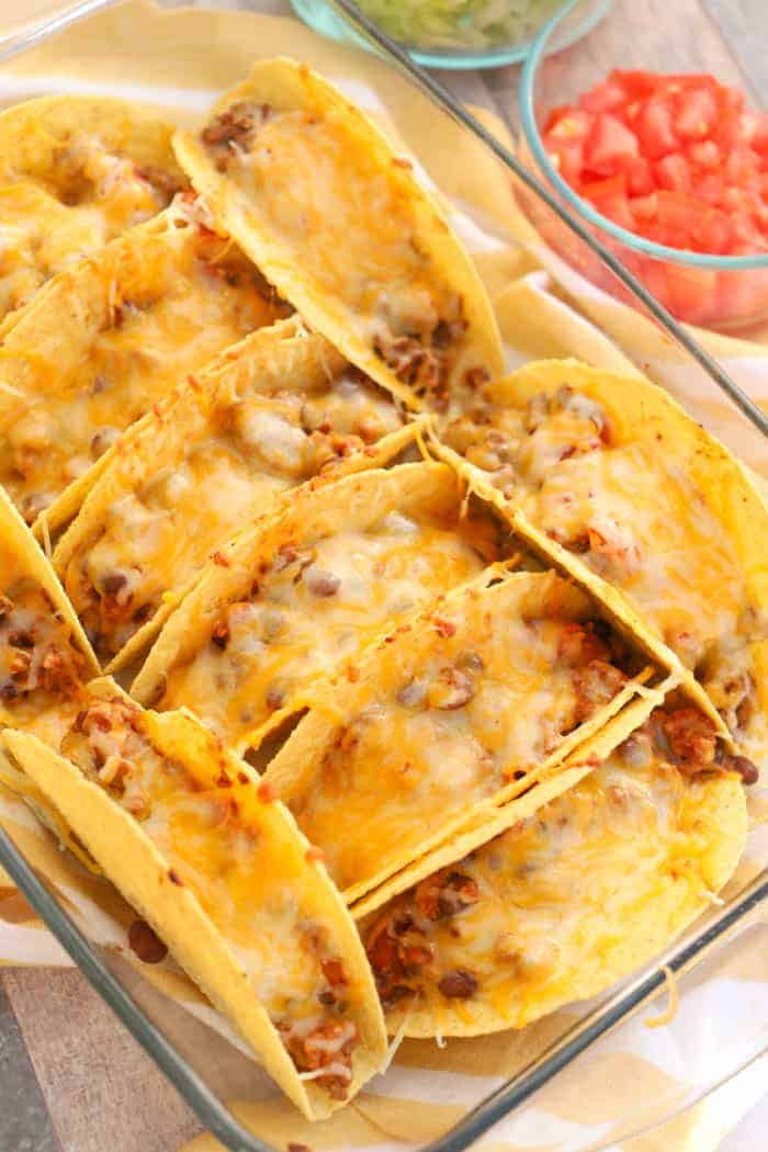 Oven Baked Beef Tacos in a casserole dish