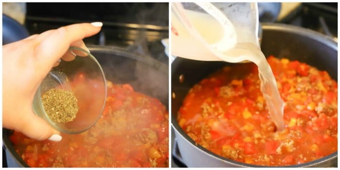 adding seasonings and broth to the pot 