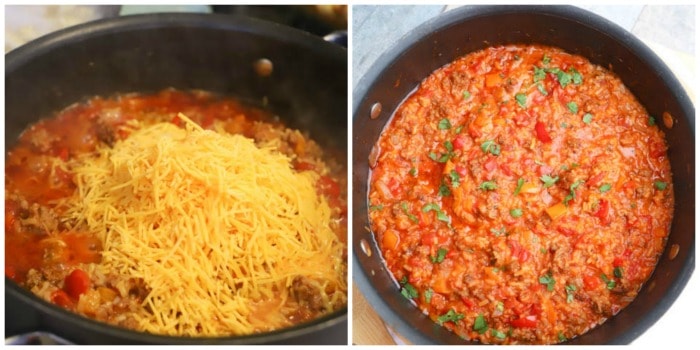 adding cheese to the One Pot Stuffed Pepper Casserole