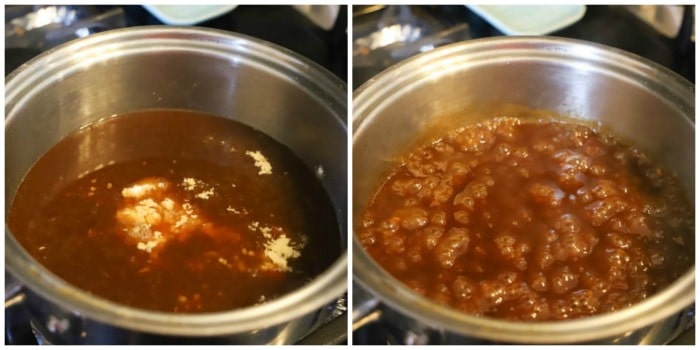 Making sauce on the stove top in a silver pan