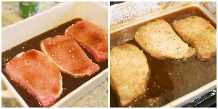 pork chops with sauce in a dish. cooked and uncooked.