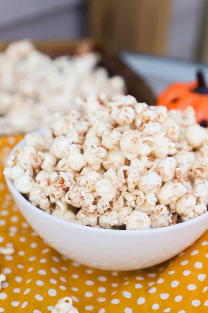 Pumpkin Spice Popcorn in a white bowl